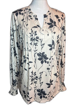 Cream and Black Floral Long-Sleeve Tunic Top Size M